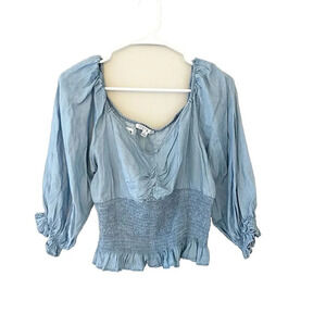 Story On Womens Blue Blouse Large Chambray Ruffled Pleated Smocked Puff Sleeve